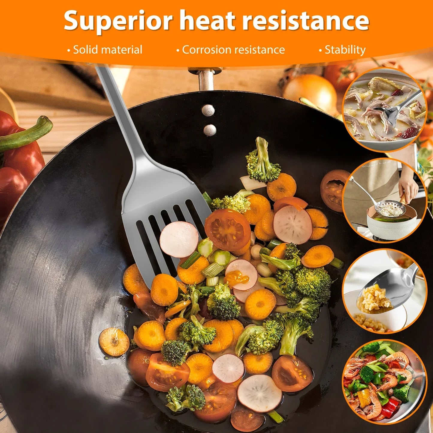 5-Piece Stainless Steel Kitchen Utensils Set – Heat-Resistant Spoons and Spatula with Hanging Hole