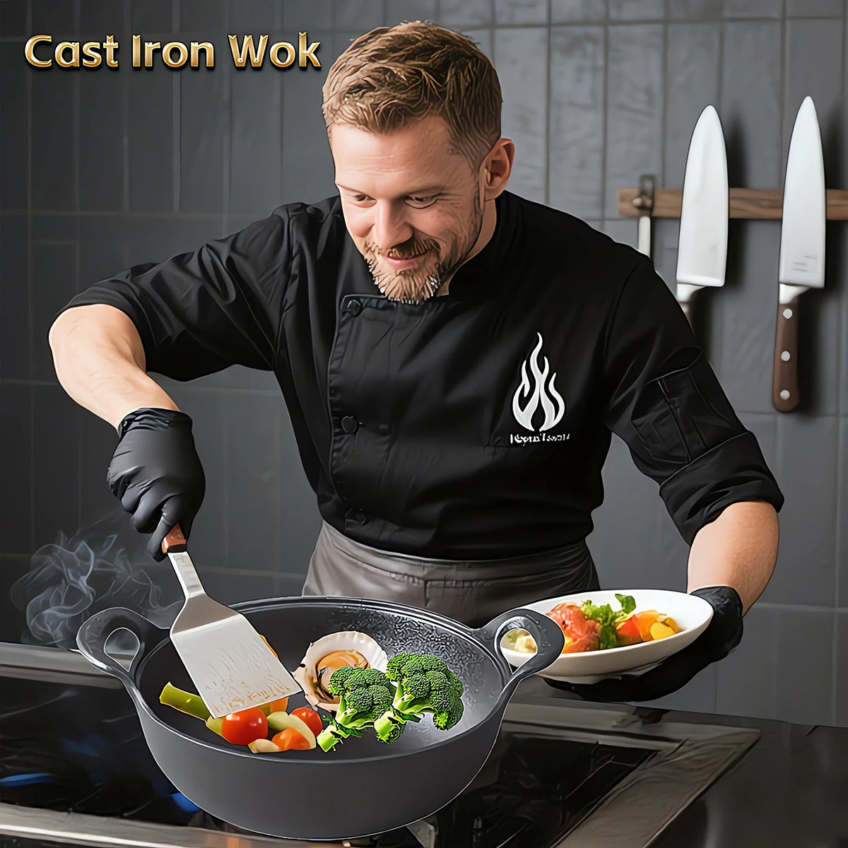 Cast Iron Wok with Double Handles – Traditional Handmade Uncoated Pre-Seasoned Stir-Fry Pot – Best for Stir-Fries, Stews & Campfire Cooking (27cm)