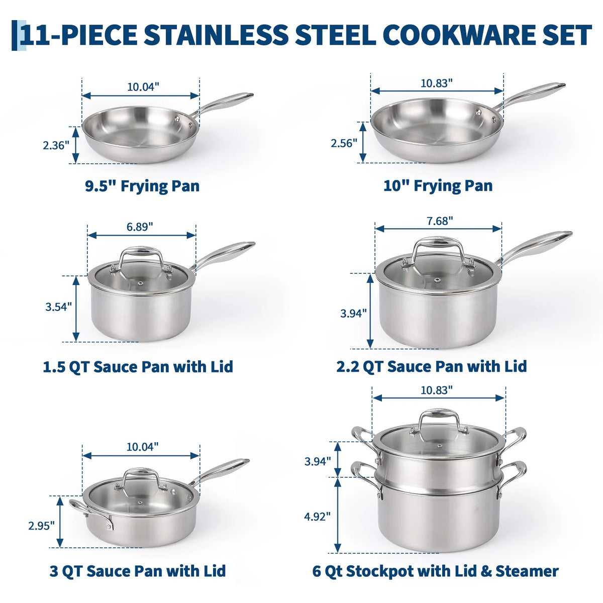11 Piece Tri-Ply Stainless Steel Cookware Set with Lids – Professional Pots & Pans with Stay-Cool Riveted Handles – Best for Induction, Oven & Family Cooking
