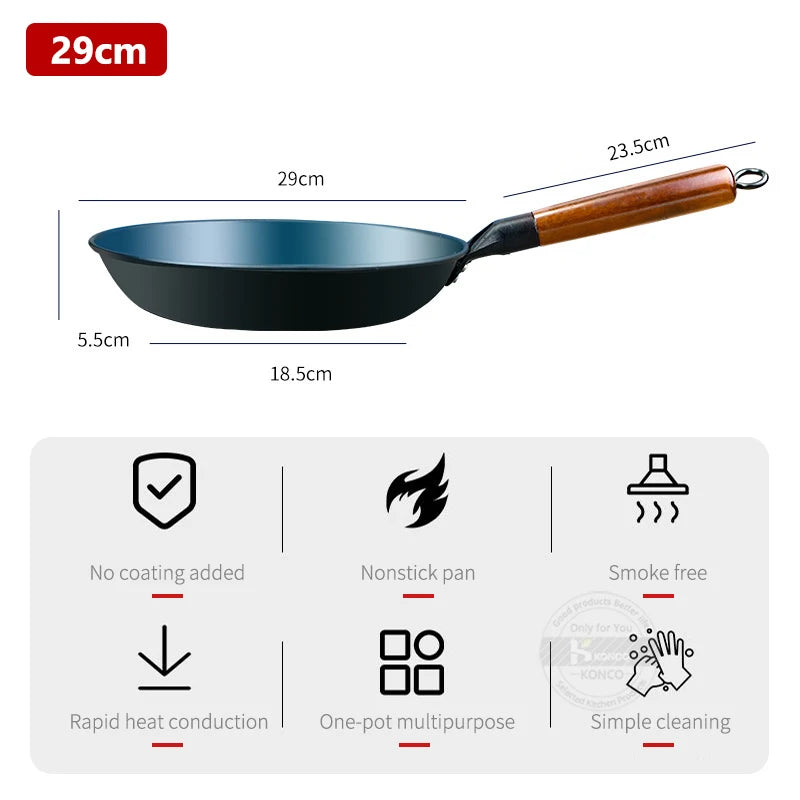 Uncoated Iron Flat-Bottom Frying Pan – Durable Skillet for Even Heat Cooking