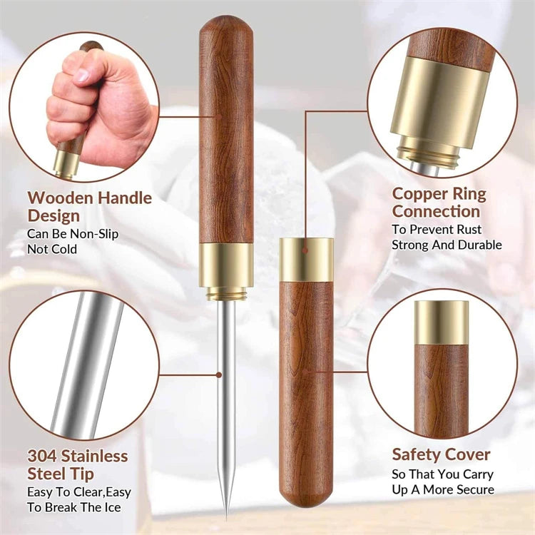 Stainless Steel Ice Pick with Wooden Handle & Cover – Kitchen Ice Breaker – Best for Breaking Block Ice & Large Ice Cubes