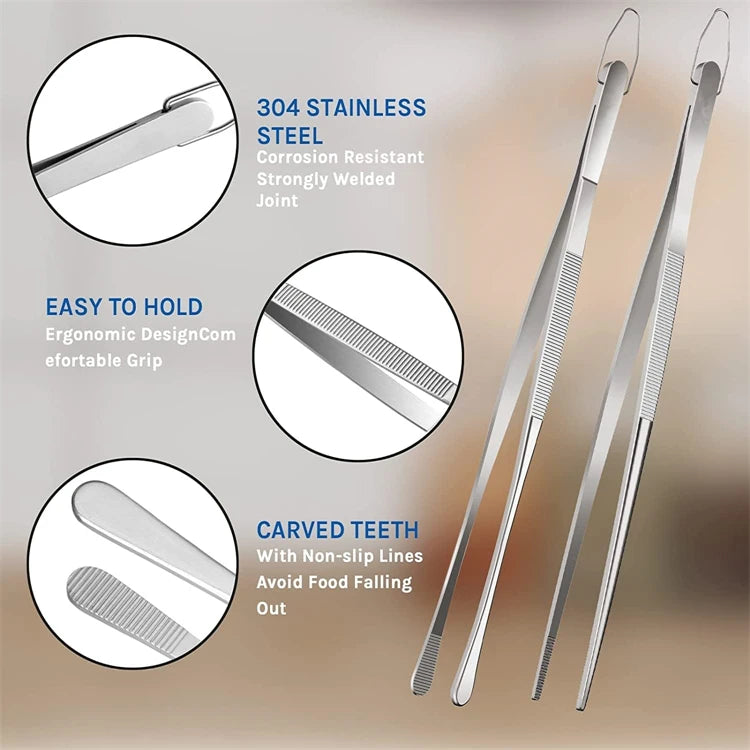 2 Piece Stainless Steel Kitchen Tweezers – Heavy Duty Chef Cooking Tongs – Ideal for Plating, Grilling & Precise Cooking – Available in 10 Inch & 12 Inch