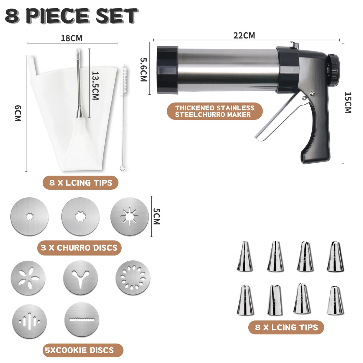 3-in-1 Stainless Steel Churro Maker & Cookie Press Kit – Spritz Biscuit Gun with Moulds – Great for Churros, Biscuits & Piped Desserts