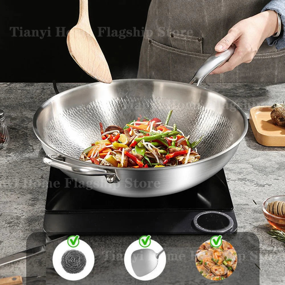 Titanium Stainless Steel Wok & Large Frying Pan – Uncoated 304 Steel Chef's Pan for Induction & Gas – Best for Stir-Frying, Steaks & Family Meals – Available in 32cm & 34cm