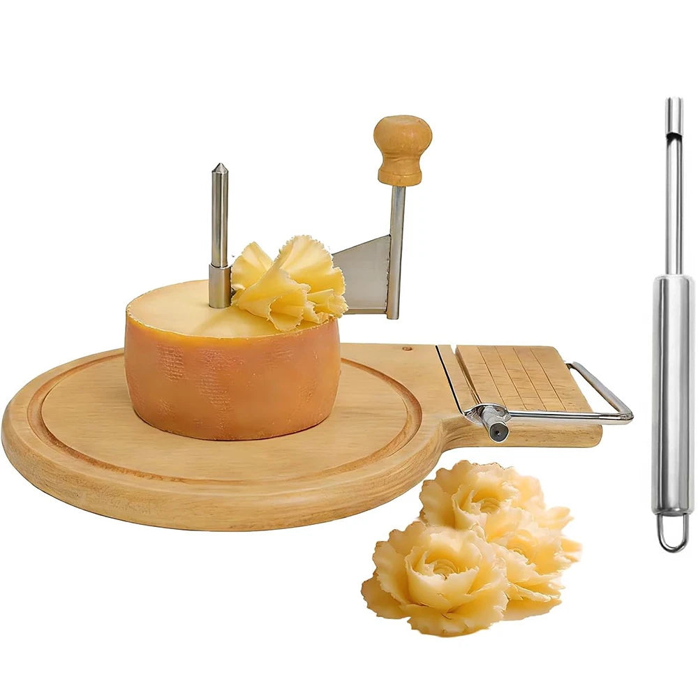 Stainless Steel Cheese Curler Wheel with Wooden Base – Rotary Cheese Shaver & Flower Slicer – Great for Cheese, Chocolate & Butter Curls