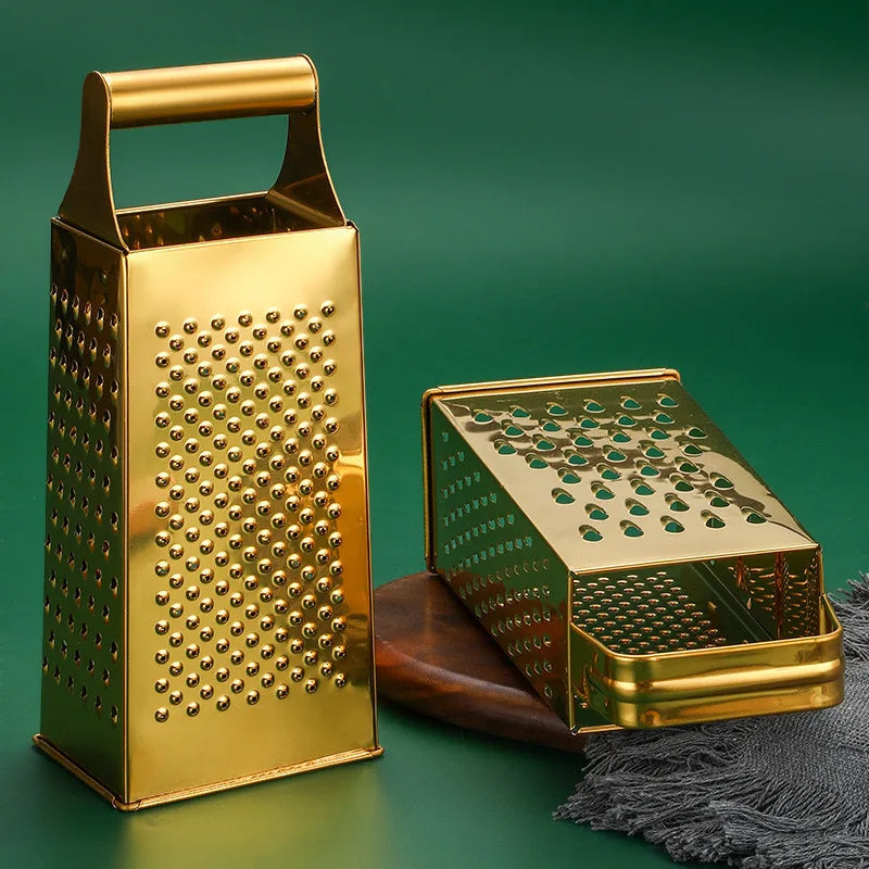 Stainless Steel Four-Sided Cheese Grater – Multi-Functional Handheld Box  Grater  & Vertical Fruit Slicer, Available in Gold & Silver