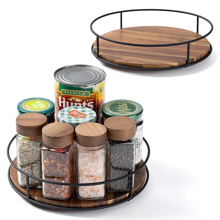 Acacia Wood Lazy Susan Turntable with Metal Frame – Rotating Countertop Organiser & Serving Tray – Great for Spices, Condiments & Serving – Available in 15cm, 16.7cm, 22cm & 29cm