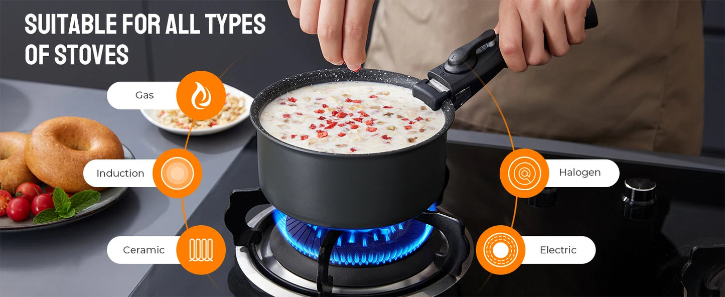 Non-Stick Saucepan Set with Detachable Handle & Fridge-Safe Sealing Lids – Durable PFOA-Free Black Aluminium Cookware for Soup, Sauces, Curries, Boiling, Simmering, Frying & Daily Cooking, Oven Use & Compact Storage