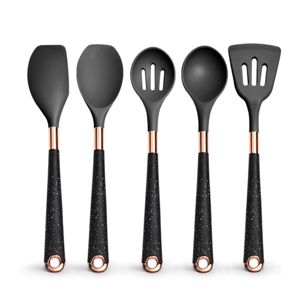 Silicone Cooking Utensils Set with Gold-Plated Handles – Non-Stick Safe, Heat Resistant | Black & Beige | Available in 5, 7, 10 & 12-Piece Sets