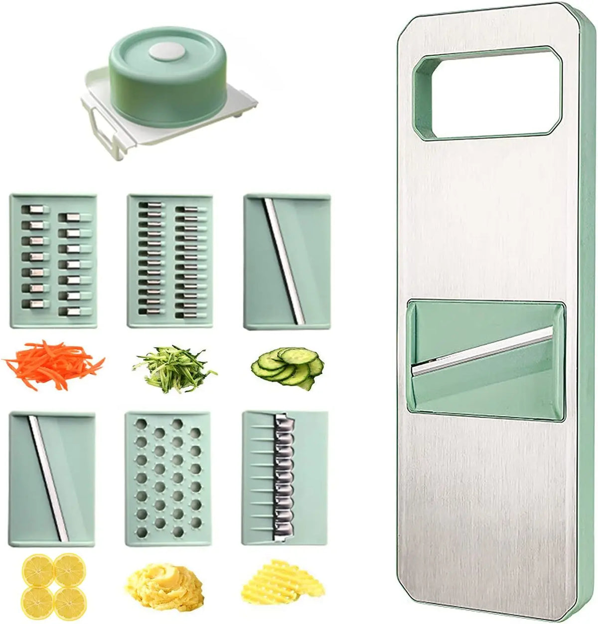 6 in 1 Mandoline Vegetable Slicer with 6 Interchangeable Stainless Steel Blades – Julienne Shredder & Veggie Slicer – Perfect for Salads & Meal Prep – Available in Light Green & Light Grey Colours