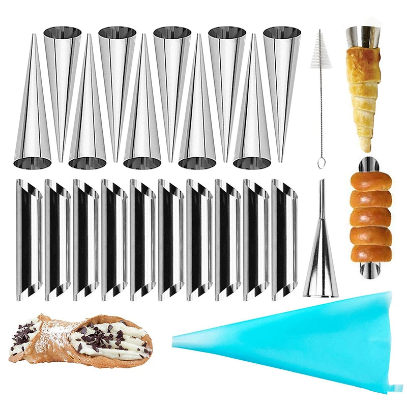 Stainless Steel Cream Horn Moulds – Cannoli Tubes & Pastry Cone Forms – Ideal for Cream Horns, Cannoli & Croissant Rolls – Available in 20, 23 & 33 Pieces
