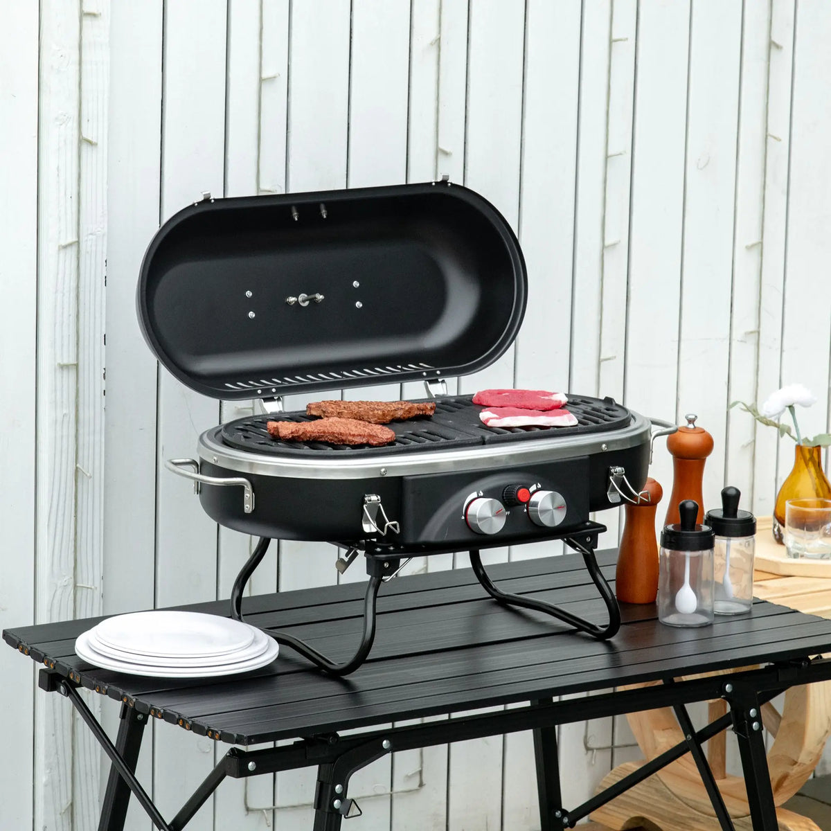 Portable 2 Burner Gas BBQ Grill with Lid & Thermometer – Foldable Camping Gas Barbecue with Piezo Ignition – Great for Picnics, Festivals & Garden