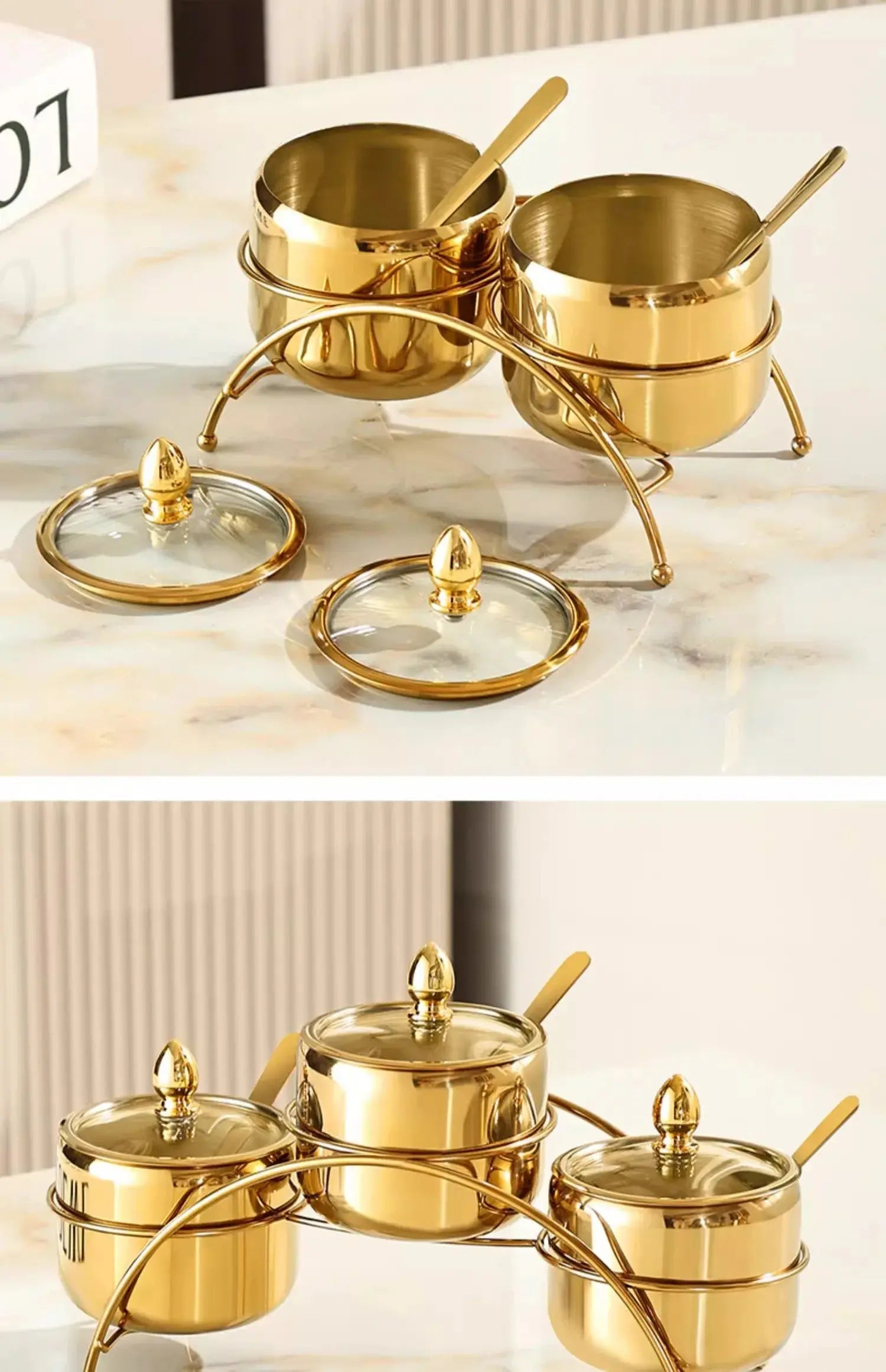 Luxury Golden 304 Stainless Steel Seasoning / Condiment Pot Set with Tempered Glass Lids, Matching Spoons & Storage Rack – Elegant Spice Containers with Food-Grade Coating – Ideal for Salt, Sugar, Spices & Condiments