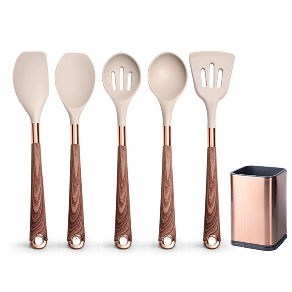 Silicone Cooking Utensils Set with Gold-Plated Handles – Non-Stick Safe, Heat Resistant | Black & Beige | Available in 5, 7, 10 & 12-Piece Sets