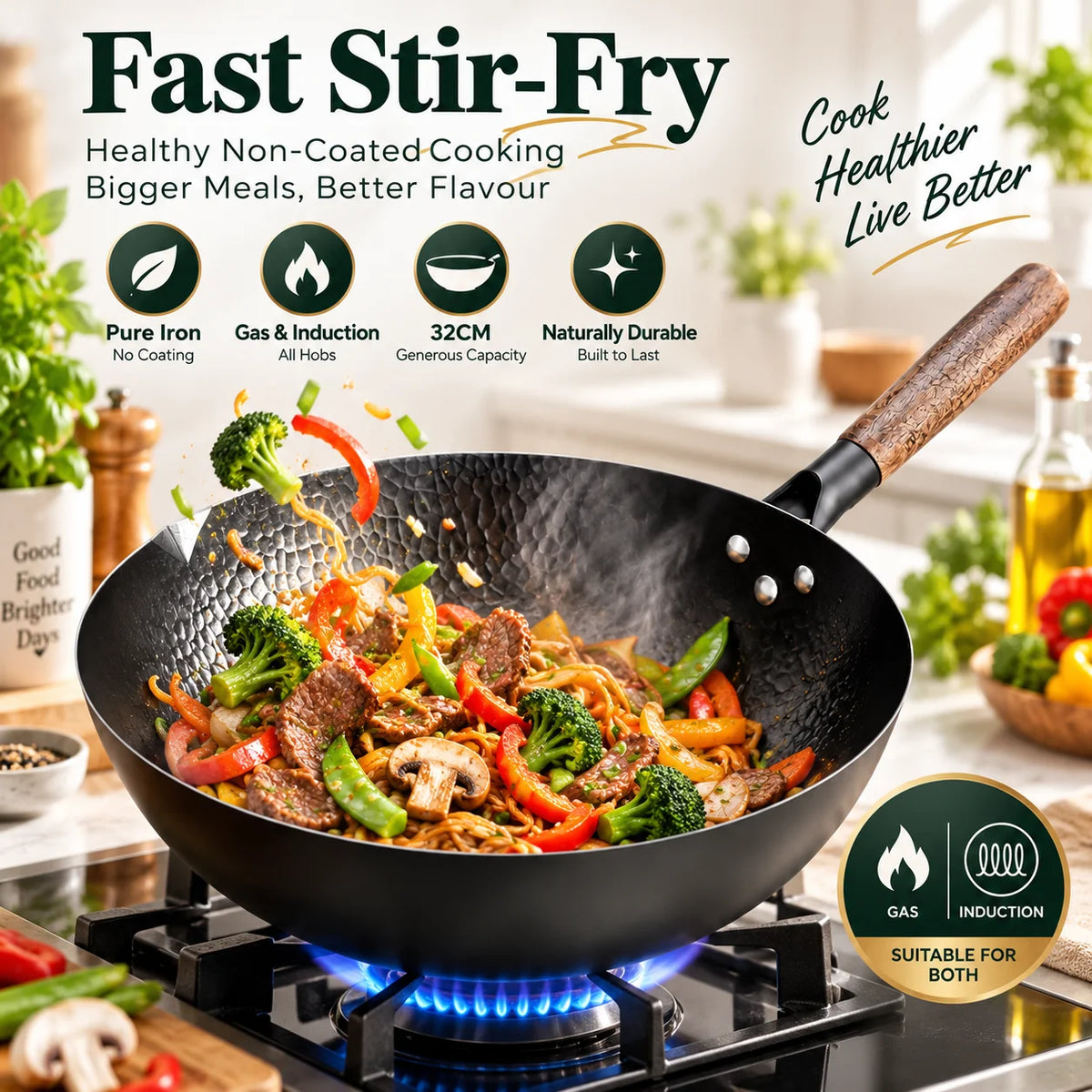 Carbon Steel Wok with Wooden Lid – Uncoated Pure Iron Stir-Fry Wok for Gas, Electric & Induction Hobs – Best for Stir-Fries, Noodles & Fried Rice (32cm)