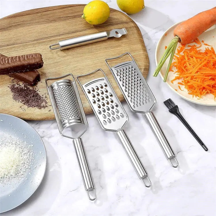 5-Piece Stainless Steel Kitchen Grater & Zester Set with Cleaning Brush – Includes Fine, Medium & Coarse Graters, Lemon Rind Remover / Citrus Peeler – Ideal for Cheese, Vegetables, Chocolate, Citrus & Daily Cooking Tasks