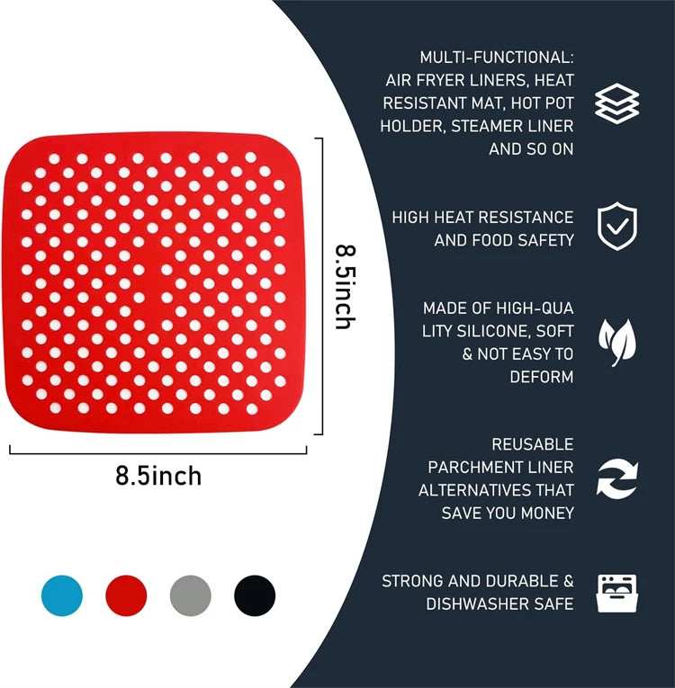 3 Piece Reusable Silicone Air Fryer Liners – 8.5 Inch Square Non-Stick Air Fryer Mats – Perfect for Air Frying & Steaming