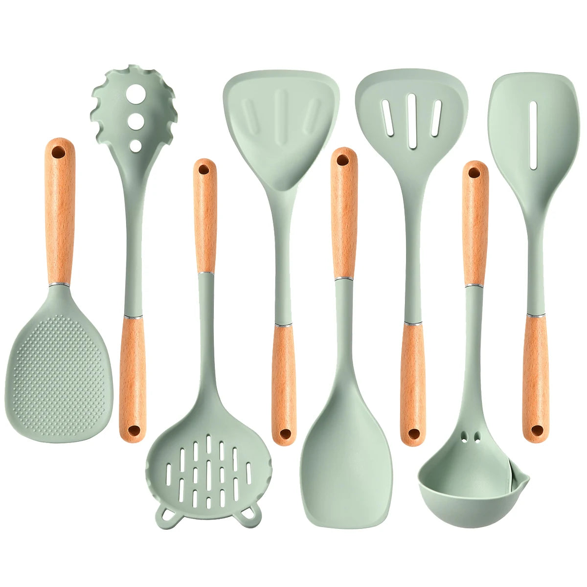 8-Piece Silicone Kitchen Utensils Set with Wooden Handles – Non-Stick Safe | Cream, White & Green