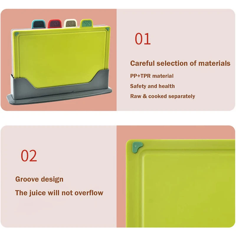 4 Piece Colour-Coded Plastic Chopping Board Set with Storage Stand – Thick Slip-Resistant Cutting Boards – Great for Meat, Fish, Vegetables & Fruit