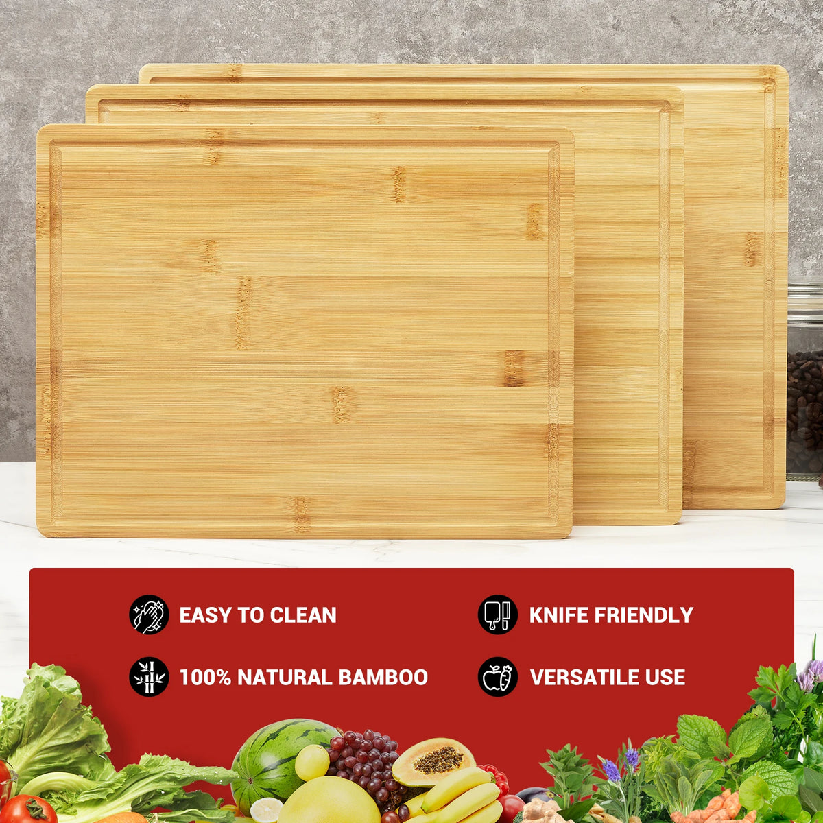 Carbonised Bamboo Chopping Board Set of 3 with Holder – Large Boards with Deep Juice Grooves & Inner Handles – Great for Meat, Veg & Fruit