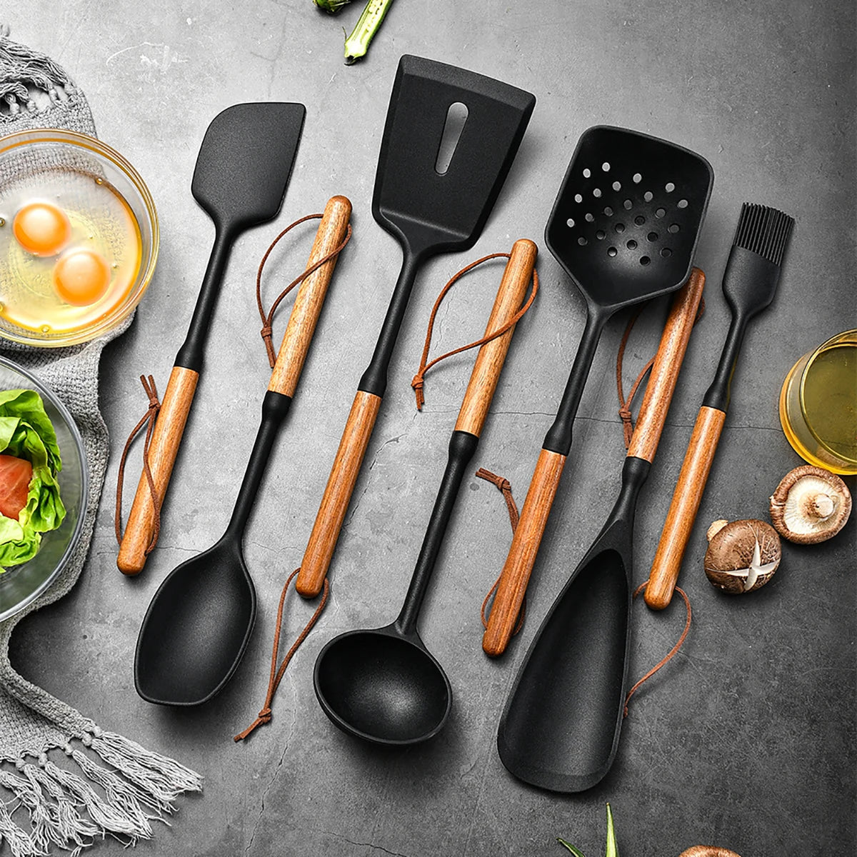 Silicone Kitchen Utensil Set with Wooden Handles