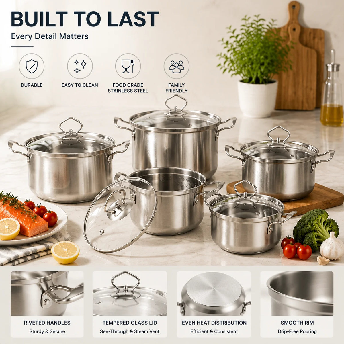 5 Piece Stainless Steel Cookware Set with Glass Lids – Stock Pot, Sauce Pot & Casserole with Silver Handles – Ideal for Induction & Home Cooking