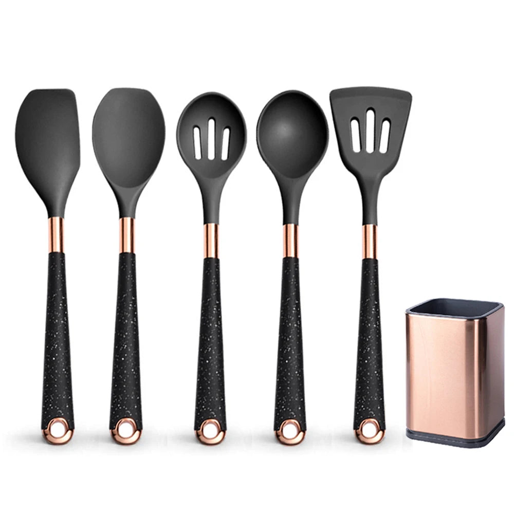 Silicone Cooking Utensils Set with Gold-Plated Handles – Non-Stick Safe, Heat Resistant | Black & Beige | Available in 5, 7, 10 & 12-Piece Sets