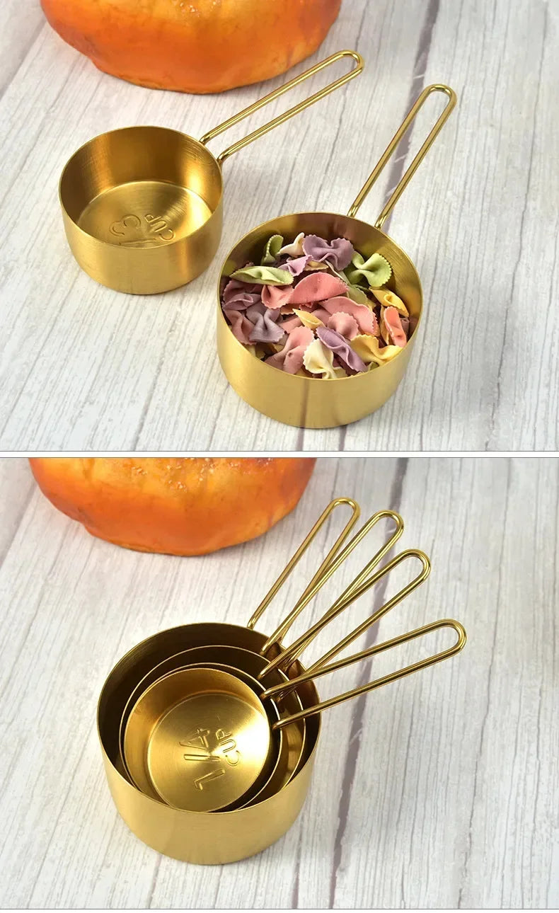 Golden Stainless Steel Measuring Cups & Spoons Set – Stackable Kitchen Tools for Baking, Coffee & Cooking, Available as 4 Cups, 5 Spoons or 9-Piece Set