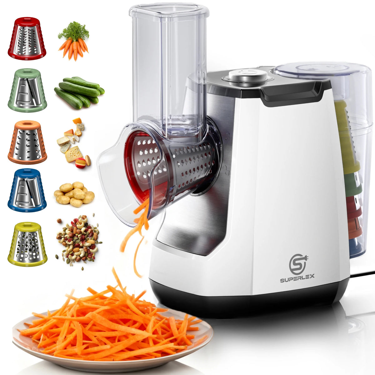 5-in-1 Electric Grater & Salad Maker 150W – Vegetable Slicer & Shredder with Stainless Steel Cones – Great for Cheese, Carrots, Nuts & Salads