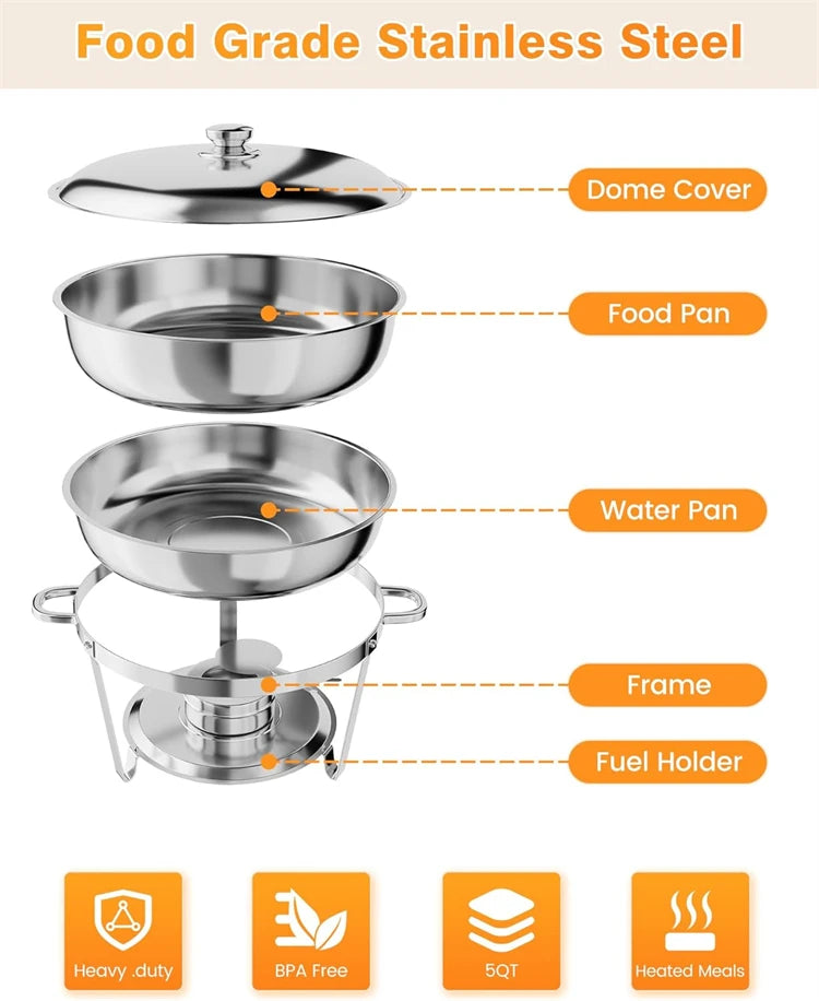 Stainless Steel Round Chafing Dish Buffet Set with Lid – 5QT Food Warmer & Buffet Server – Ideal for Parties, Weddings & Catering