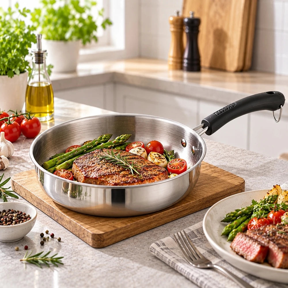 3 Piece Stainless Steel Cookware Set – Frying Pan, Saucepan & Stock Pot with Glass Lid – Ideal for Induction, Gas & Everyday Cooking (18cm)