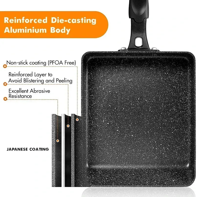 Tamagoyaki Pan – Non-Stick Rectangular Egg Frying Pan with Heat-Resistant Polymer Handle – Available with Glass Lid or Without Lid