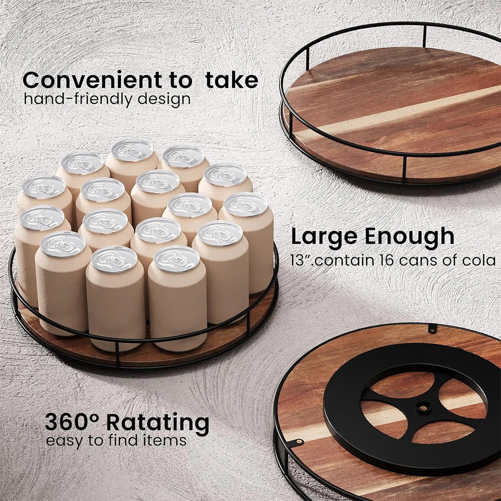 Acacia Wood Lazy Susan Turntable with Metal Frame – Rotating Countertop Organiser & Serving Tray – Great for Spices, Condiments & Serving – Available in 15cm, 16.7cm, 22cm & 29cm
