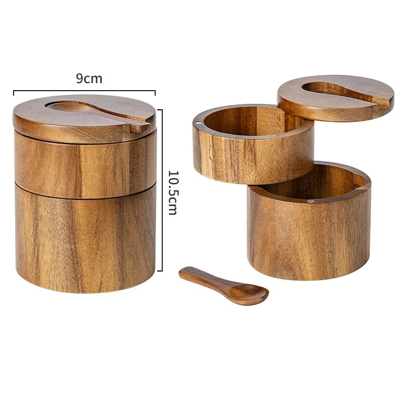 Acacia Wood Salt Box with Swivel Lid & Spoon – Salt & Pepper Cellar Seasoning Container – Great for Keeping Salt & Spices by the Hob