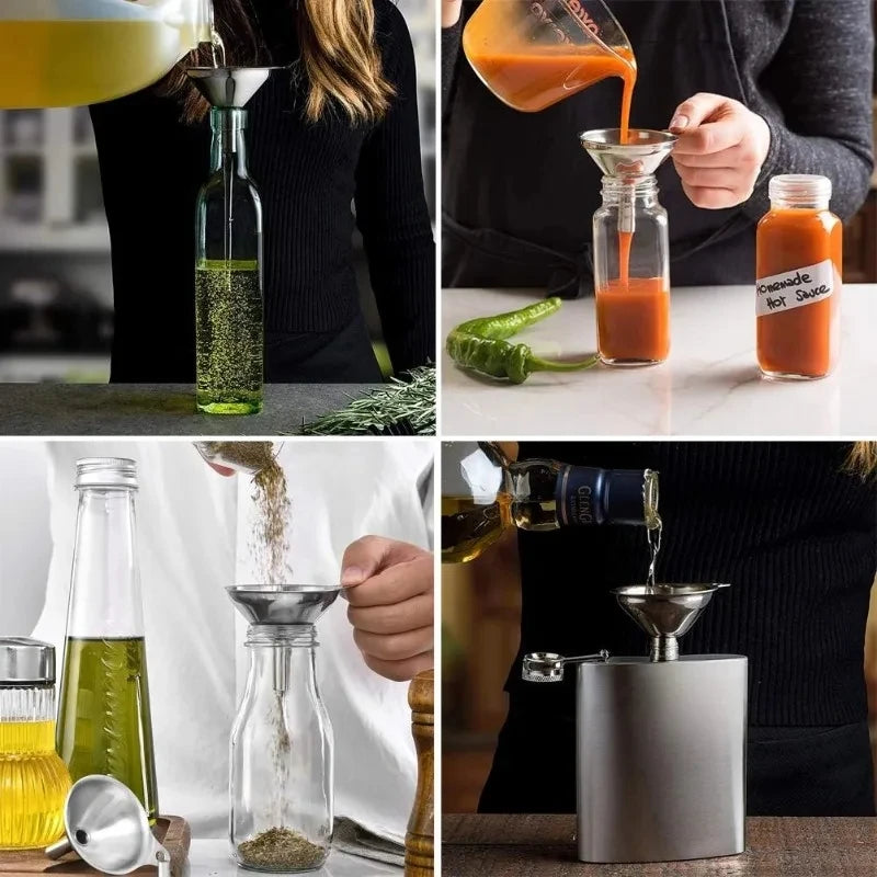 Stainless Steel Kitchen Funnel Set with Cleaning Brush – Food-Grade Funnels for Filling Bottles & Jars – Perfect for Oils, Sauces & Liquids – Available in 3 & 5 Piece Sets