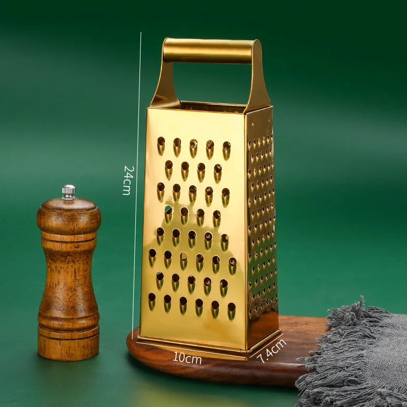 Stainless Steel Four-Sided Cheese Grater – Multi-Functional Handheld Box  Grater  & Vertical Fruit Slicer, Available in Gold & Silver