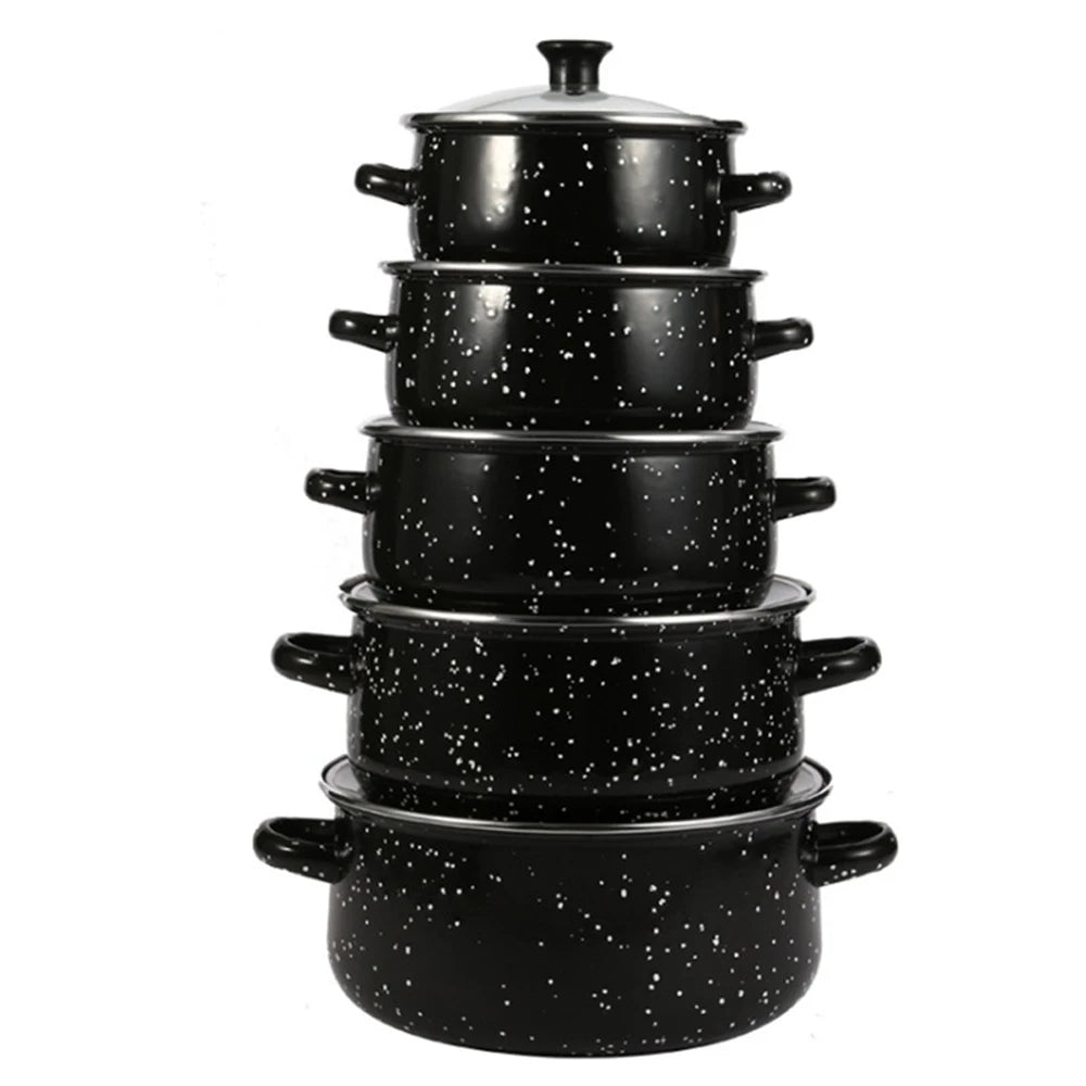 5 Piece Enamel Pot Set – Soup Pot, Cooking Pot, Stew Pot & Frying Pan – Perfect for Home Kitchens, Restaurants & Outdoor Cooking