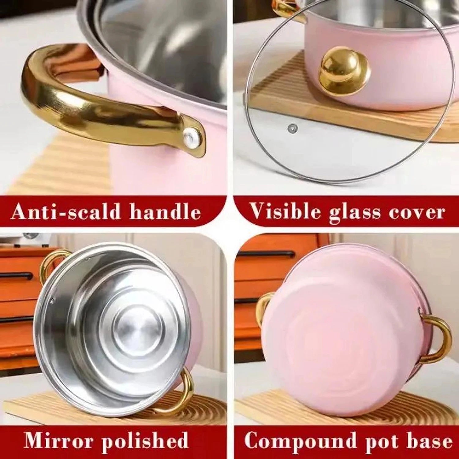 16-Piece Stainless Steel Pink Cookware & Kitchenware Set – Includes Multiple Cooking Pots and Stockpots with Glass Lids, Black Silicone Kitchen Utensils Set, Stylish Cookware Ideal for Everyday Cooking