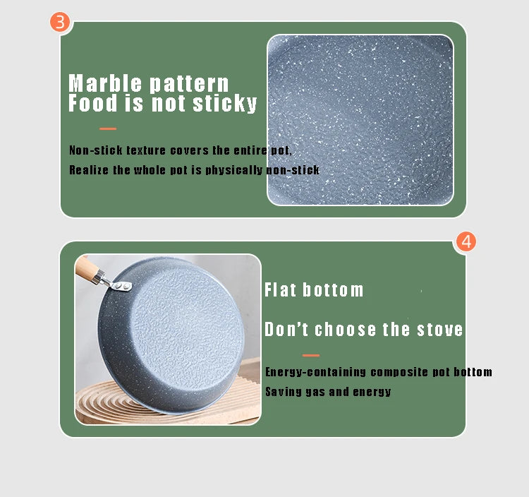 Marble-Pattern Non-Stick Frying Pan with Ergonomic Wooden Handle – Retro Hammer-Style Skillet Ideal for Eggs, Steaks, Pancakes & Daily Cooking – Compatible with Induction & Gas Stoves