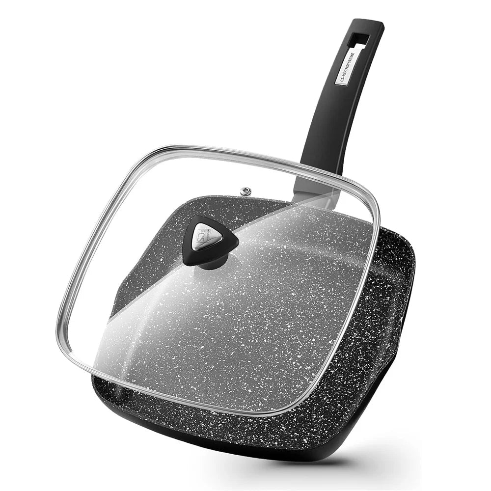 Square Non-Stick Grill Pan with Glass Lid – Marble-Coated Aluminium Steak Pan with Soft-Touch Handle – Ideal for Steaks, Chicken & Vegetables (28cm)