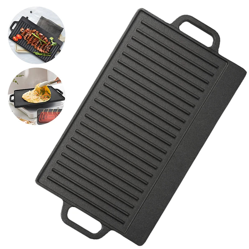 Double-Sided Cast Iron Griddle & Grill Plate – Reversible Ridged & Flat BBQ Plate with Handles – Perfect for Steaks, Pancakes & Camping (50.5 x 23.5cm)