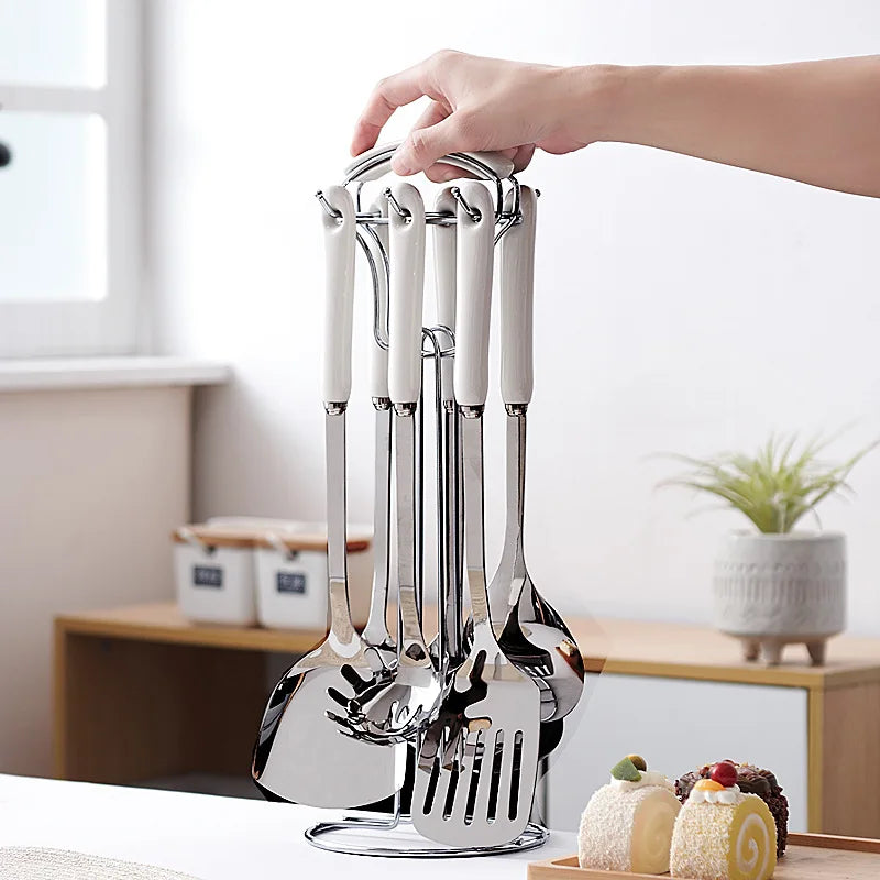 7-Piece Stainless Steel Kitchen Utensil Set with Ceramic Handle – Heat Resistant, Easy to Clean, Great for Cooking, Serving, and Everyday Kitchen Use