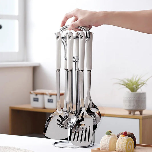 7-Piece Stainless Steel Kitchen Utensil Set with Ceramic Handle – Heat Resistant, Easy to Clean, Great for Cooking, Serving, and Everyday Kitchen Use