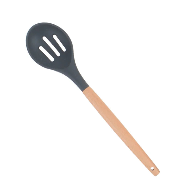 Heat Resistant Silicone Cooking Utensil with Wooden Handle – Up to 230°C Turner, Tongs, Spatula, Spoon, Brush & Whisk – Ideal for Nonstick Cookware Style 14