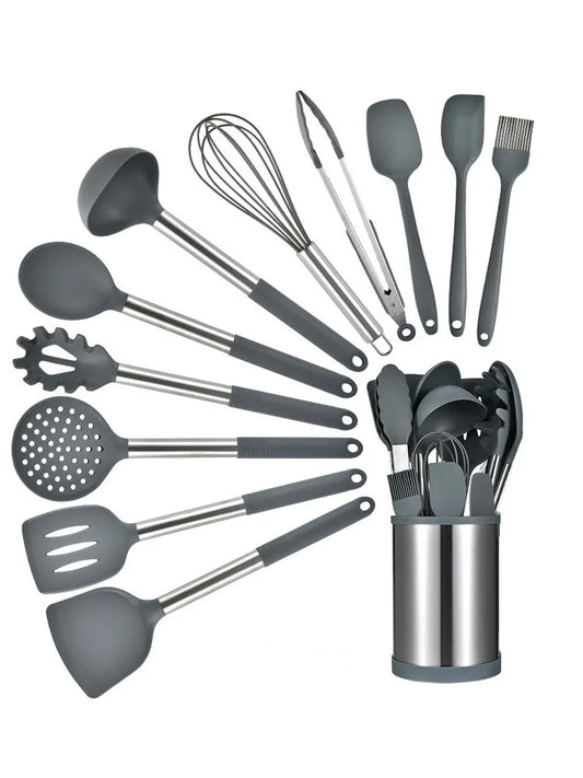 12-Piece Food-Grade Silicone & Stainless Steel Kitchen Utensils Set with 360° Rotating Storage Holder