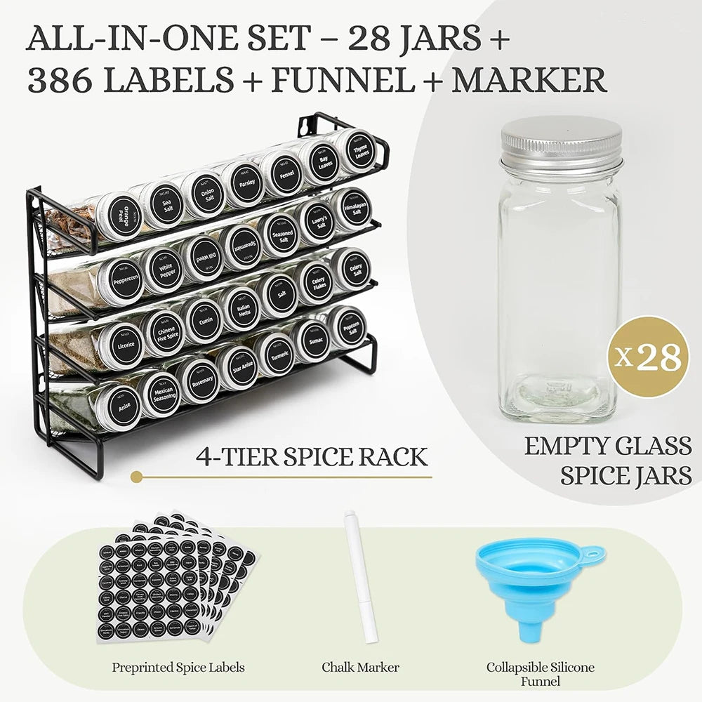 4 Tier Metal Spice Rack Organiser Set – Countertop & Cabinet Seasoning Organiser – Best for Spice Jars & Seasonings – Available as Rack Only or with Spice Jars