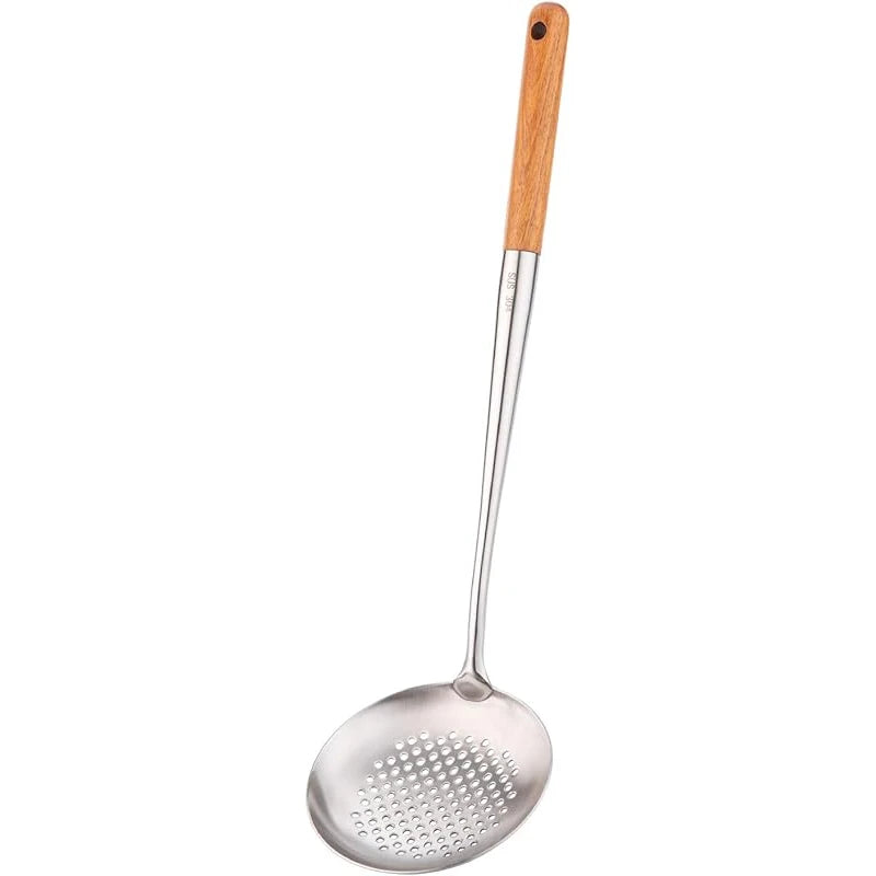 Stainless Steel Wok Spatula & Ladle Set with Wooden Handles – Skimmer, Slotted Turner & Cooking Utensils – Great for Stir-Fries, Soups & Frying – Available as a 4-Piece Set or Singles