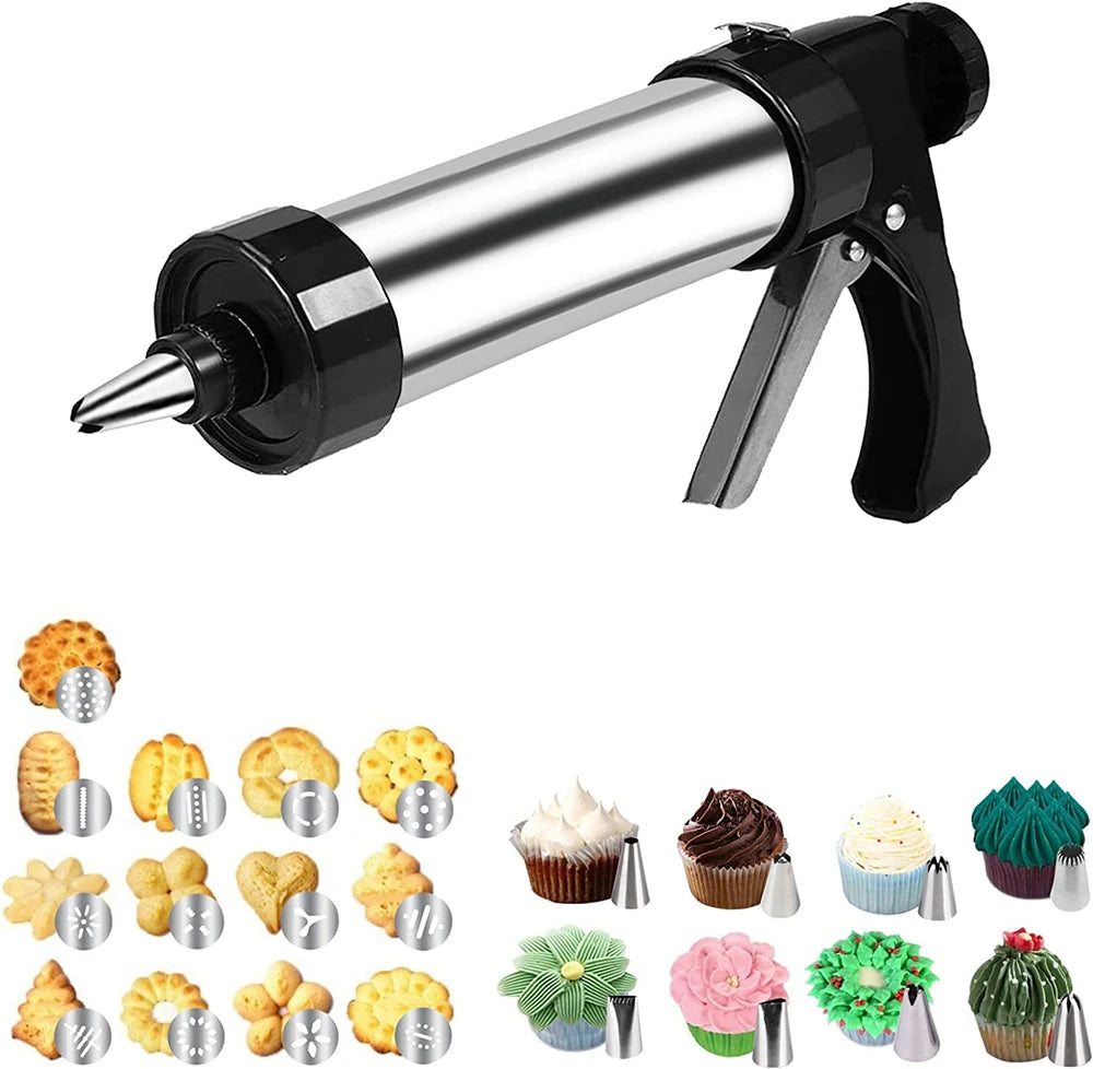 Stainless Steel Cookie Press Kit with 13 Discs & 8 Piping Nozzles – Biscuit Maker Gun & Cake Decorating Set – Great for Spritz Cookies & Icing
