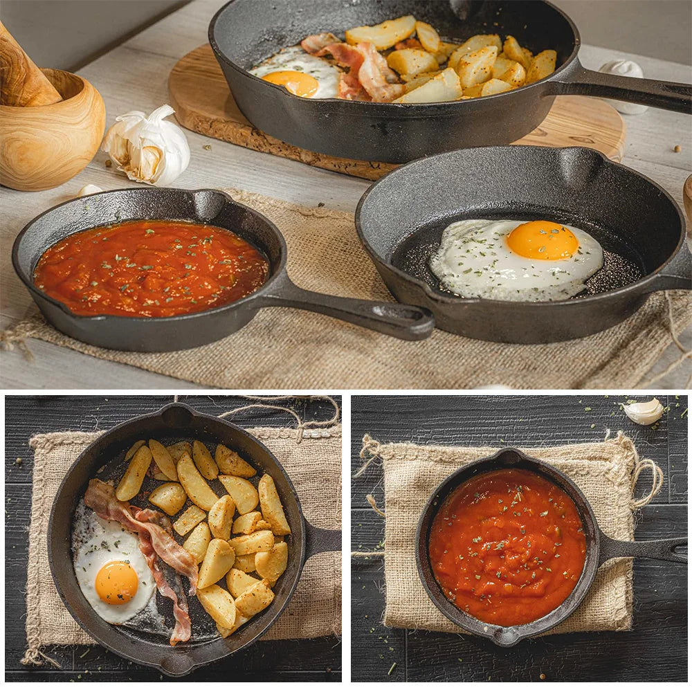 Uncoated Cast Iron Frying Pan Set of 3 – 16cm, 20cm & 26cm Skillets with Double Pour Spouts – Perfect for Frying, Stir-Frying & Omelettes