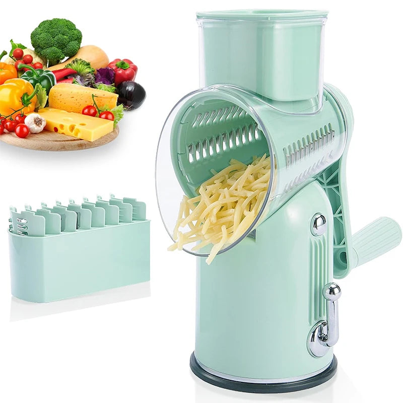 5-in-1 Rotary Cheese & Vegetable Grater with Handle & Suction Base – Multifunctional Manual Drum Grater (Available in Ivory and Light Green))